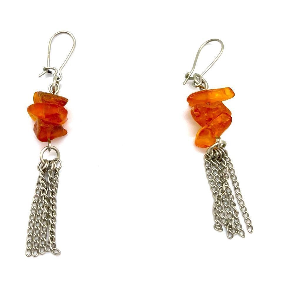 Dangle Earrings with Amber and silver tassel
